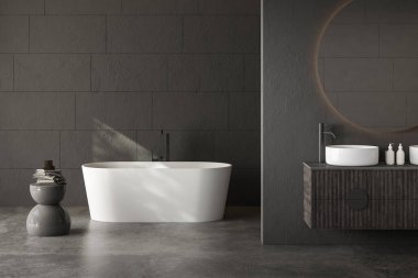 Modern minimalist banyo, modern banyo dolabı, çift lavabo, karanlık duvarlar, beton zemin, banyo aksesuarları, küvet. 3d oluşturma