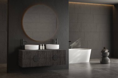 Modern minimalist banyo, modern banyo dolabı, çift lavabo, karanlık duvarlar, beton zemin, banyo aksesuarları, küvet. 3d oluşturma