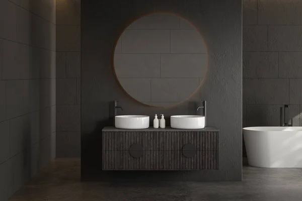 Moderní Minimalistický Interiér Koupelny Moderní Koupelna Skříň Dvojité Umyvadlo Tmavé — Stock fotografie