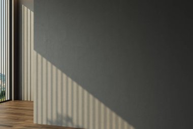 Mobilyaları olmayan karanlık bir evin 3 boyutlu görüntüsü. Minimalist tasarım, büyük pencereli, gri duvarlı, parke. Boş oda, maket, ofis, fotokopi odası, stüdyo. 3B Hazırlama