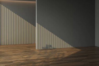 Mobilyaları olmayan karanlık bir evin 3 boyutlu görüntüsü. Minimalist tasarım, büyük pencereli, gri duvarlı, parke. Boş oda, maket, ofis, fotokopi odası, stüdyo. 3B Hazırlama