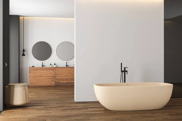 Interior Luminoso Baño Con Suelo Parquet Doble Lavabo Beige Tocador — Foto de Stock