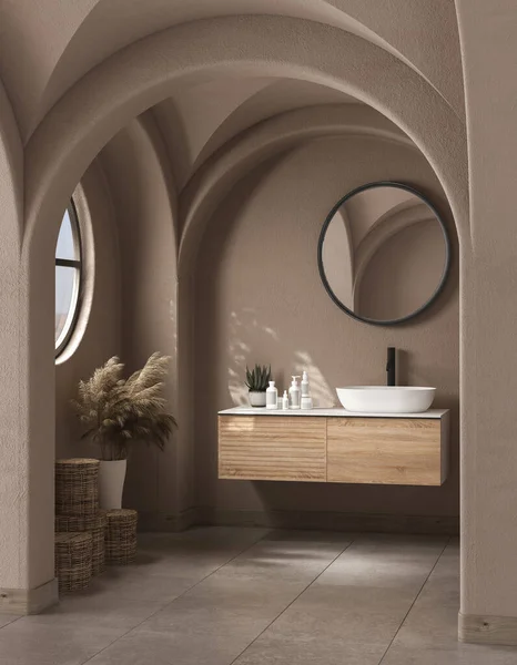 Modern Yüzyılın Ortalarında Minimalist Banyo Mimarisi Bej Dekorasyon Konsepti Bej — Stok fotoğraf