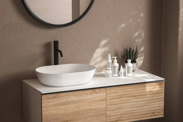 在米黄色的墙壁上贴上椭圆形镜子的白色水池 在简约的浴室里贴上黑色水龙头的木制橱柜 塑模架用来展示产品 3D渲染 — 图库照片