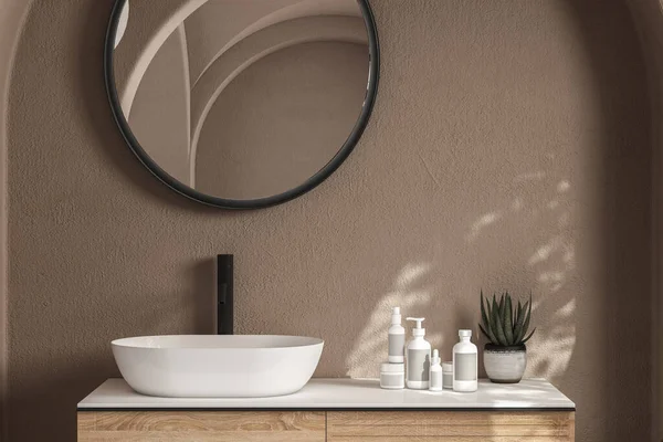 Close up of white sink with oval mirror standing in on beige wall , wooden cabinet with black faucet in minimalist bathroom. Mock up stand for display of product. 3d rendering