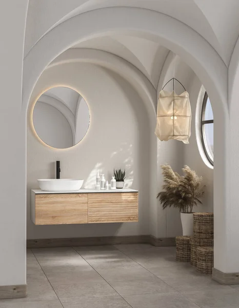 Moderno Interno Bagno Metà Secolo Minimalista Concetto Arredamento Bianco Moderno — Foto Stock