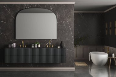 Modern lüks banyo, koyu mermer arka plan duvarlar, beyaz küvet, çift lavabo, mermer tezgah, ayna, kapalı bitki manzarası. Model yap. 3d oluşturma