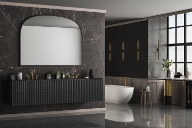 Modern lüks banyo, koyu mermer arka plan duvarlar, beyaz küvet, çift lavabo, mermer tezgah, ayna, kapalı bitki manzarası. Model yap. 3d oluşturma
