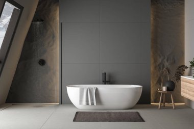 Beton zemin, beyaz oval küvet, beyaz havuz, duş, bitki ve pencerelerden karlı dağ manzaralı modern banyo. Modern mobilyalı minimalist banyo. 3B görüntüleme