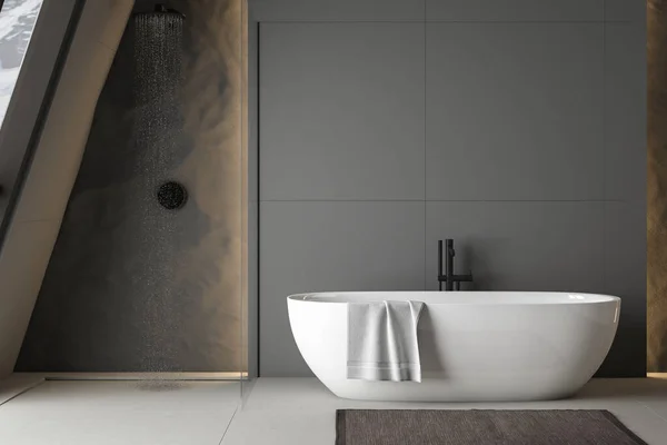 Moderne Badkamer Interieur Met Betonnen Vloer Witte Ovale Badkuip Witte — Stockfoto
