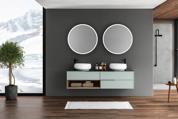 Modern bathroom interior with dark brown parquet floor, white oval bathtub and two sinks, side view. Minimalist bathroom with modern furniture , pool and snowy mountain view from window. 3D rendering