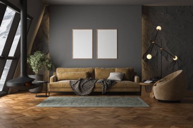 Gri ve siyah renkli oturma odası. boş çerçeveler. Minimalist tarzda dizayn, kış konsepti. Modern kanepenin kahverengi tonları var. Bitki, halı, şömine, parke döşeme, kar, pencere 33D görüntüleme.