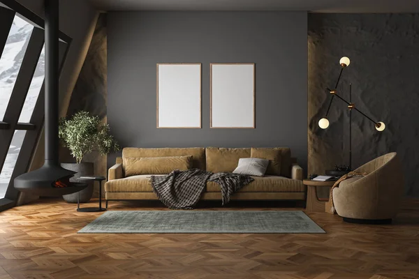 Gri ve siyah renkli oturma odası. boş çerçeveler. Minimalist tarzda dizayn, kış konsepti. Modern kanepenin kahverengi tonları var. Bitki, halı, şömine, parke döşeme, kar, pencere 33D görüntüleme.