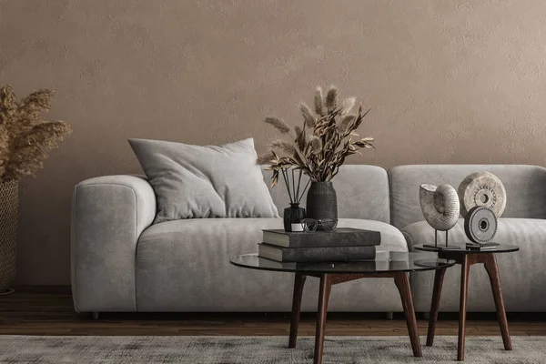 Oturma odasının içi şık bir kanepe, minimalist tarzda, 33D kapaklı.