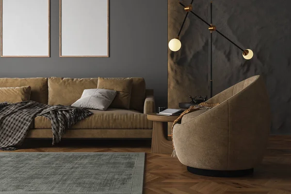 Home interior, luxury modern dark living room interior, empty wall mock up, 3d render
