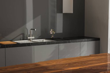 Koyu gri mutfak tasarımı. İç dekorasyonun ayrıntıları. Modern mutfak odasındaki boş ada ya da masa tezgahı. 3d oluşturma