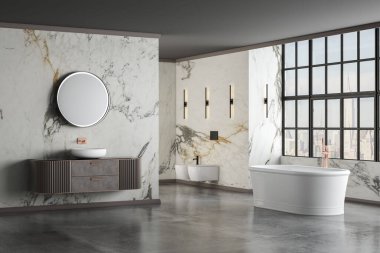 Modern lüks banyo, beyaz mermer duvarlar, küvet, beton zemin, ev bitkileri, tuvalet, bidet, ön manzara. Modern mobilyaları ve pencereleri olan güzel bir oda. 3d oluşturma