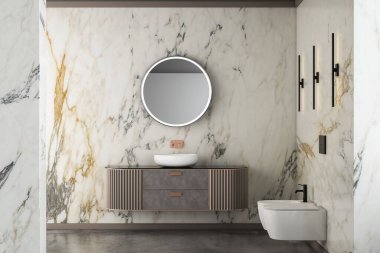 Modern lüks banyo, beyaz mermer duvarlar, küvet, beton zemin, ev bitkileri, tuvalet, bidet, ön manzara. Modern mobilyaları ve pencereleri olan güzel bir oda. 3d oluşturma
