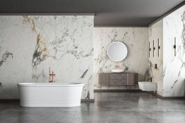 Modern lüks banyo, beyaz mermer duvarlar, küvet, beton zemin, ev bitkileri, tuvalet, bidet, ön manzara. Modern mobilyaları ve pencereleri olan güzel bir oda. 3d oluşturma