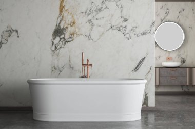 Modern lüks banyo, beyaz mermer duvarlar, küvet, beton zemin, ev bitkileri, tuvalet, bidet, ön manzara. Modern mobilyaları ve pencereleri olan güzel bir oda. 3d oluşturma