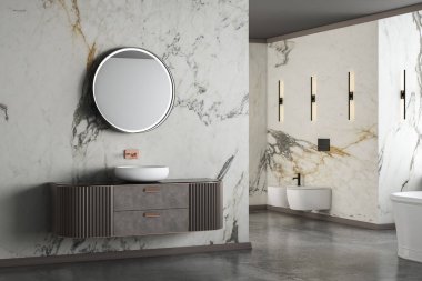 Modern lüks banyo, beyaz mermer duvarlar, küvet, beton zemin, ev bitkileri, tuvalet, bidet, ön manzara. Modern mobilyaları ve pencereleri olan güzel bir oda. 3d oluşturma