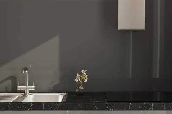 关闭灰色台面 内置水槽 站在现代厨房与切菜板 花和深灰色墙壁 3D渲染 — 图库照片