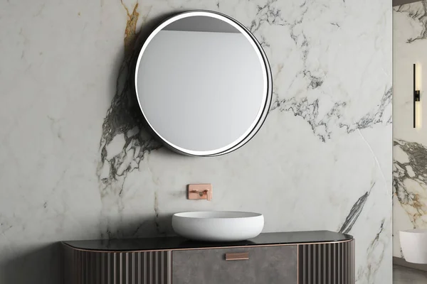 Bekväm Vit Handfat Med Oval Spegel Står Marmor Bänkskiva Modernt — Stockfoto