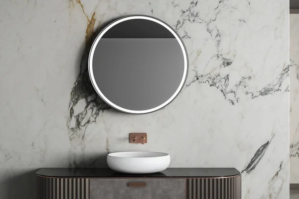 Bekväm Vit Handfat Med Oval Spegel Står Marmor Bänkskiva Modernt — Stockfoto