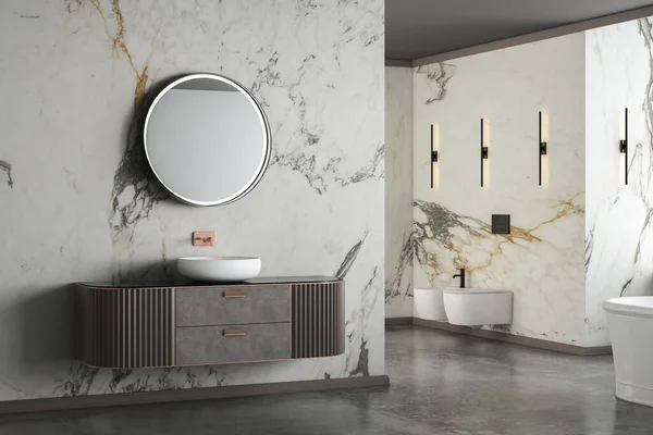 Modern lüks banyo, beyaz mermer duvarlar, küvet, beton zemin, ev bitkileri, tuvalet, bidet, ön manzara. Modern mobilyaları ve pencereleri olan güzel bir oda. 3d oluşturma