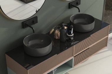 Modern tezgah tasarımına yakın beyaz çift seramik lavabo ve banyonun yeşil duvarında zarif yuvarlak aynalar. Bir iç trend konsepti. 3d oluşturma