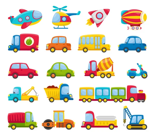 一大套儿童的彩色交通工具 明亮的飞机 直升机 汽车和火车 白色底座上的施工车辆 — 图库矢量图片