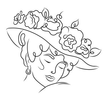 Kafasında çiçekler olan güzel bir kızın silueti. Vektör illüstrasyonu beyaz arkaplanda izole edildi.