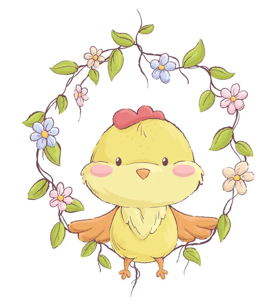 Wektor Ilustracja Cute Kurczaka Kwiatami Odosobnionym Tle — Wektor stockowy