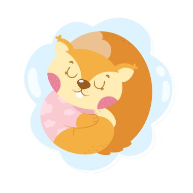 Küçük sevimli orman sincabı pijamalarıyla bulutların üzerinde uyur. Çizgi film vektör çizimi beyaz arkaplanda izole edildi.