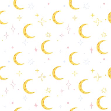 Kusursuz desen. Beyaz arka plan. Sarı ay ve yıldız vektör dokusu. Tekstil ve duvar kağıtları için modaya uygun baskı.