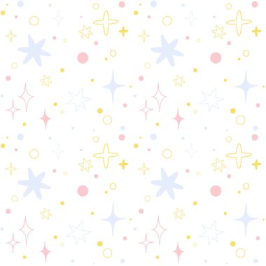Kusursuz vektör dokusu. Renkli yıldızlı beyaz bir arka plan. Tekstil ve duvar kağıtları için modaya uygun baskı.