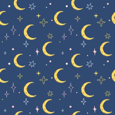 Kusursuz desen. Koyu mavi arka plan. Sarı ay ve yıldız vektör dokusu. Tekstil ve duvar kağıtları için modaya uygun baskı.