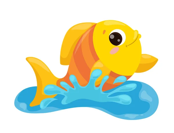 Fröhliche Goldfische Winken Aus Dem See Kinderkarikatur Isolierte Vektordarstellung Auf — Stockvektor
