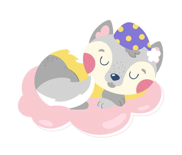 Cute Gray Wolf Cub Pajamas Cap Sleeps Cloud Vector Cartoon — Stock Vector