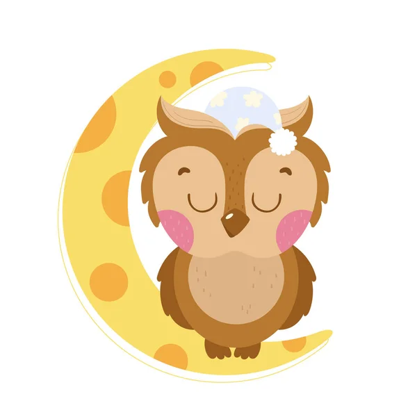Cute Owl Sleeps Moon Pajama Cap Beautiful Vector Cartoon Illustration — Stock Vector