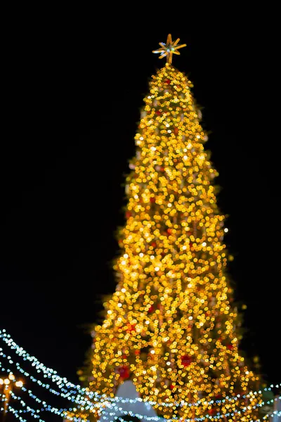 Suddig festliga bakgrund med julgran och lampor. Nya året bakgrund. — Stockfoto