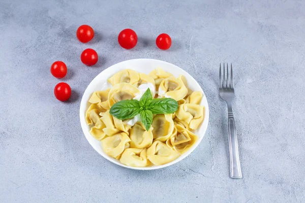 Hausgemachte italienische Tortelloni mit frischem Basilikum auf einem Teller. — Stockfoto