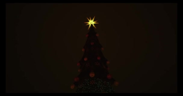 Μεγάλο λαμπερό διακοσμημένο φωτισμένο χριστουγεννιάτικο δέντρο έξω. Χειμερινές διακοπές. — Αρχείο Βίντεο