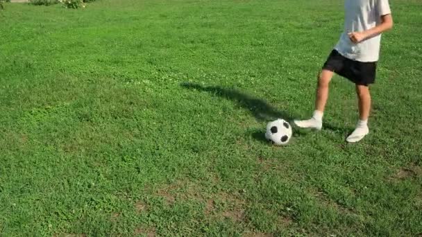 Framifrån av tonåring fotbollsspelare ben som gör övningar med boll — Stockvideo