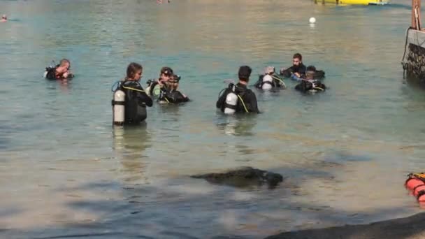 Lindos, Griekenland - 06 oktober 2021: Groep duikers voor de klas die leert duiken in zee — Stockvideo
