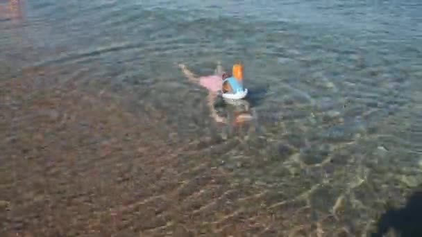 Little girl with swimming mask, snorkeling in shallow waters of beautiful sea — Stock Video