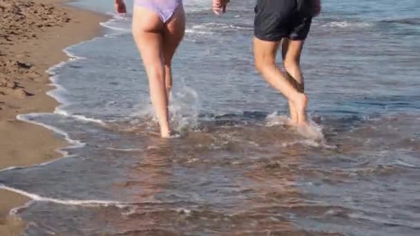 Nogi pary spacerujących boso po mokrej piaszczystej plaży wyspy. — Wideo stockowe