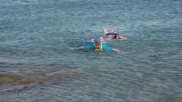 Madre e figlio nuotano e fanno snorkeling vicino ai coralli e ai pesci nelle acque turchesi blu del Mar Ionio, Grecia. — Video Stock