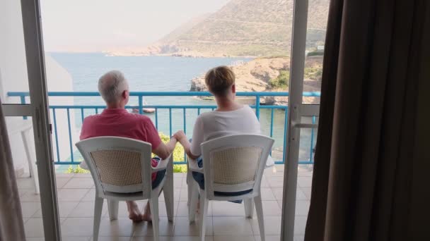 Achteraanzicht van volwassen echtpaar hand in hand met uitzicht op de zee en de bergen en wijzende handen op zee en de berg. — Stockvideo