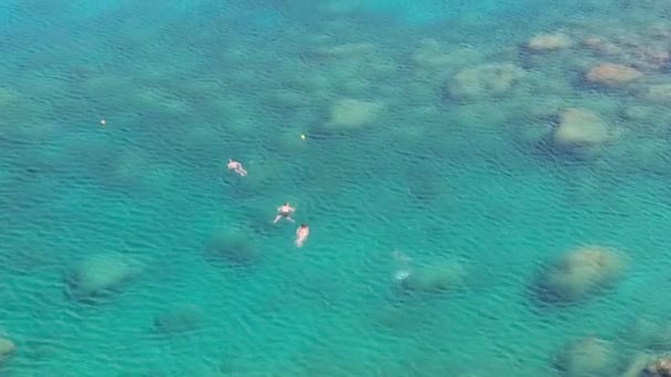 La gente nuota e fa snorkeling vicino ai coralli e ai pesci nelle acque turchesi dello Ionio, Grecia. — Video Stock
